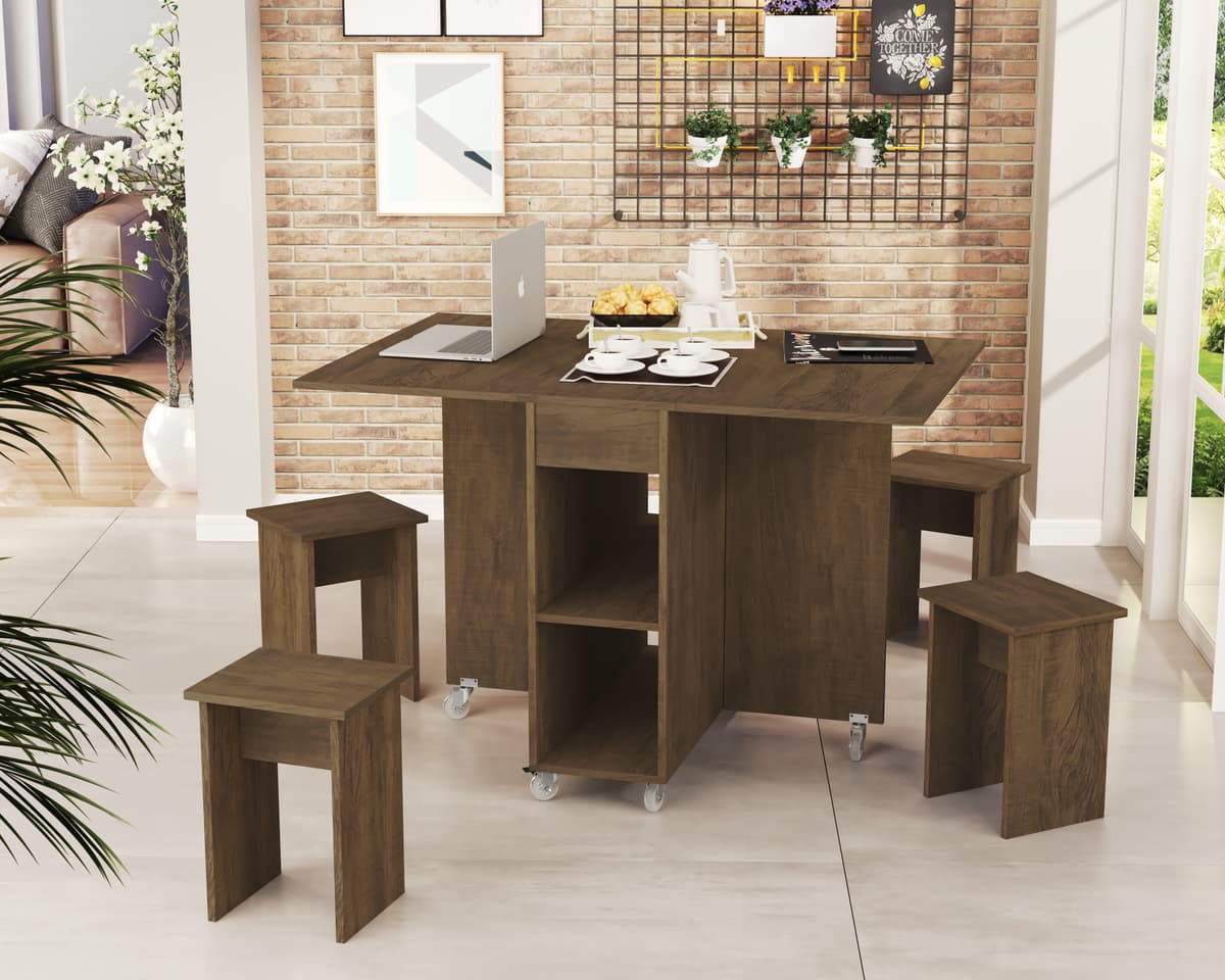 Mesa Retrátil com Banquetas Castanho