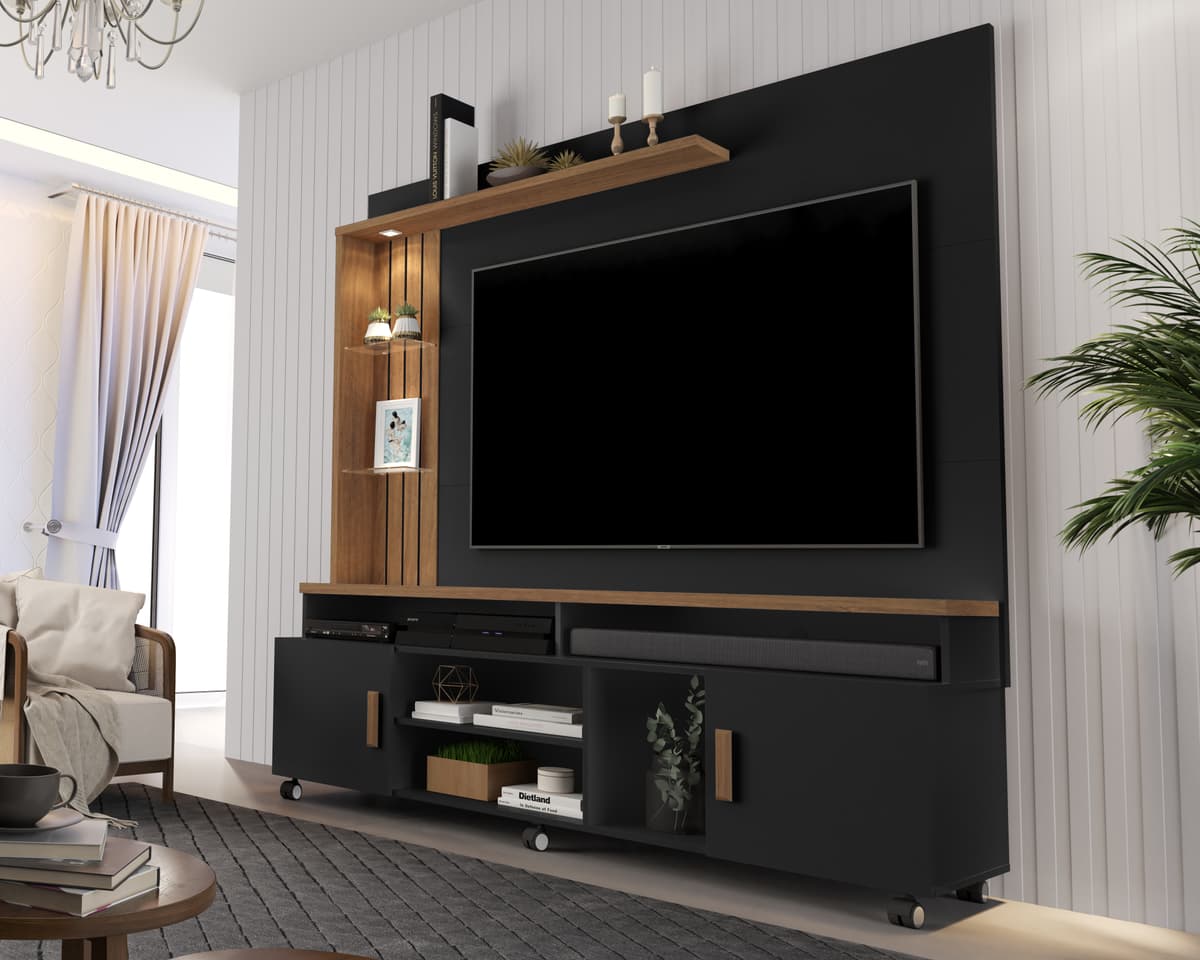 Painel e Rack para TV Tiane Preto e Canela