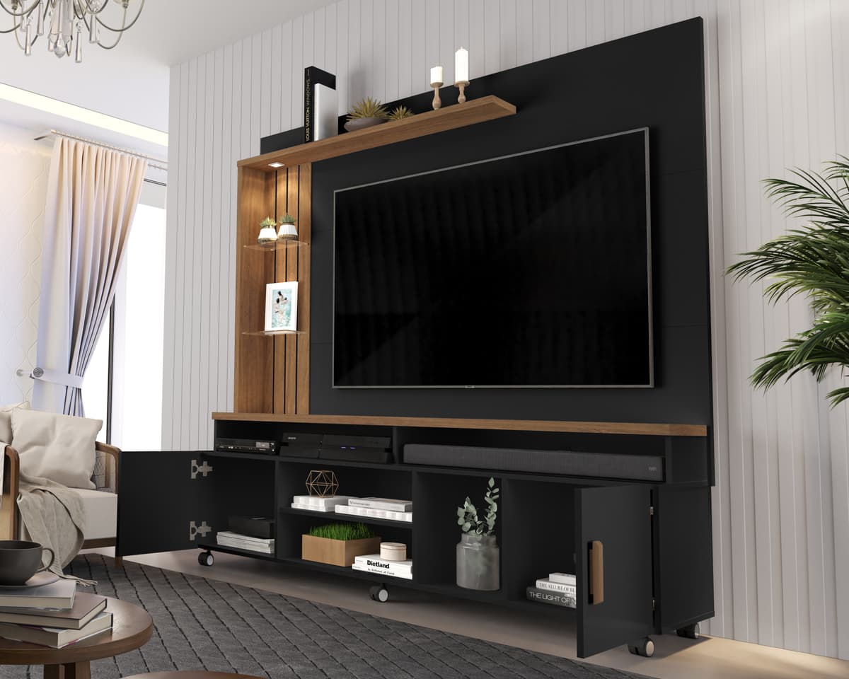 Painel e Rack para TV Tiane Preto e Canela