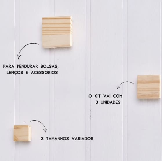 Cabideiro de madeira quadrado 3 unidades