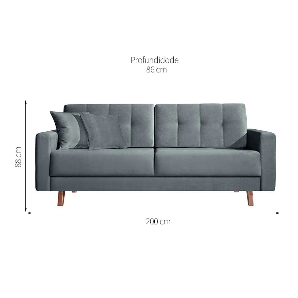 Sofá 3 Lugares Acqua Veludo Cinza