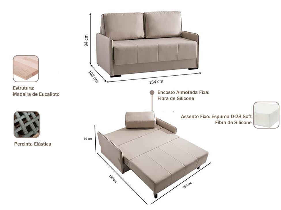 Sofá-Cama 2 Lugares Casal Isis Linho Bege