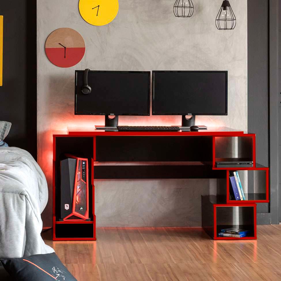 Mesa Gamer com LED Blocks Preta e Vermelha