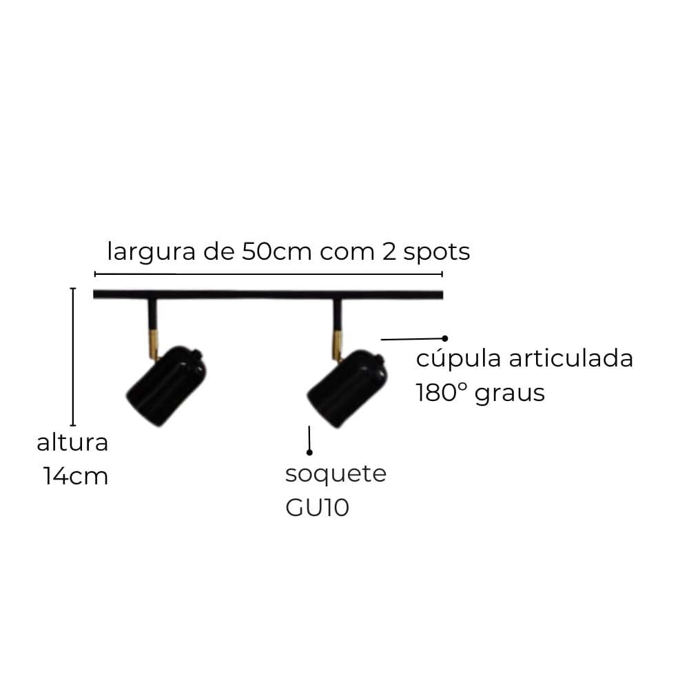 Trilho de Teto com 2 Spots Ewa Preto 50cm
