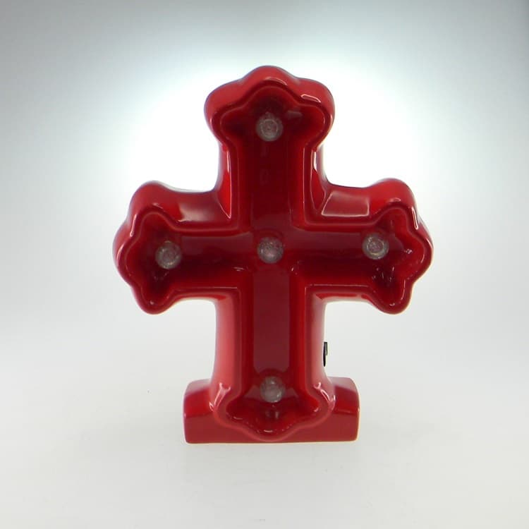 Cruz De Cerâmica Com Luz Led Vermelho