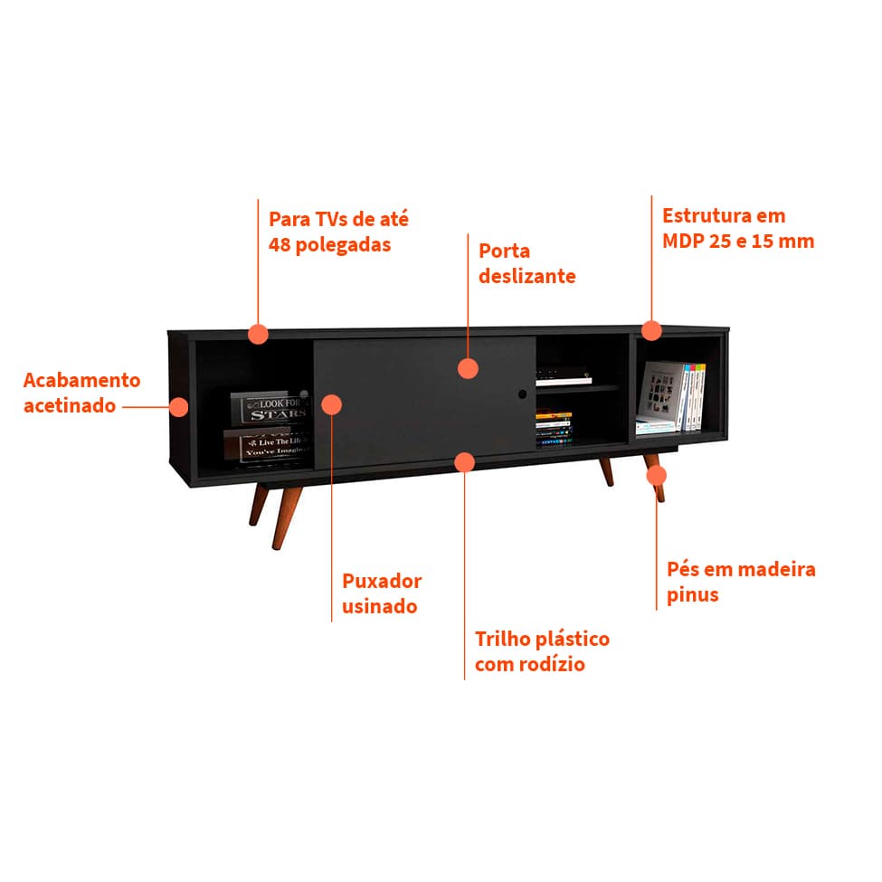 Rack Retrô Weimar Preto 162 cm