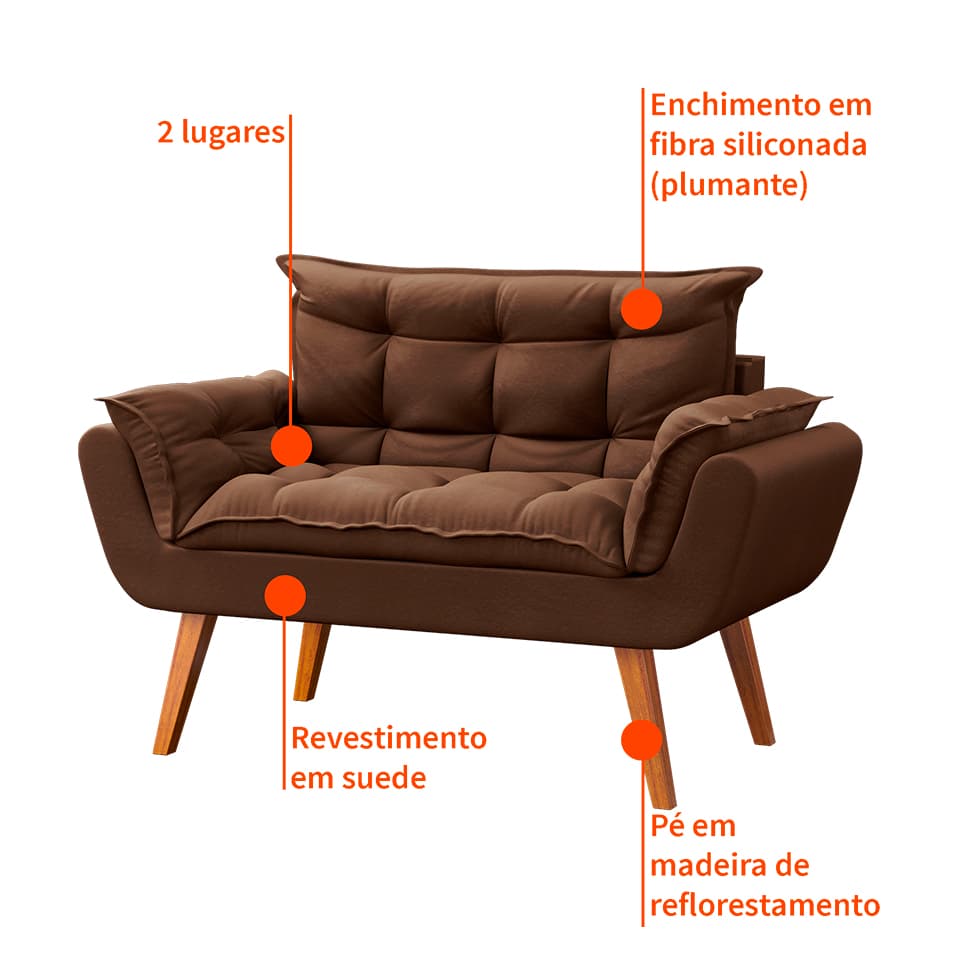 Sofá 2 Lugares Dock Suede Marrom