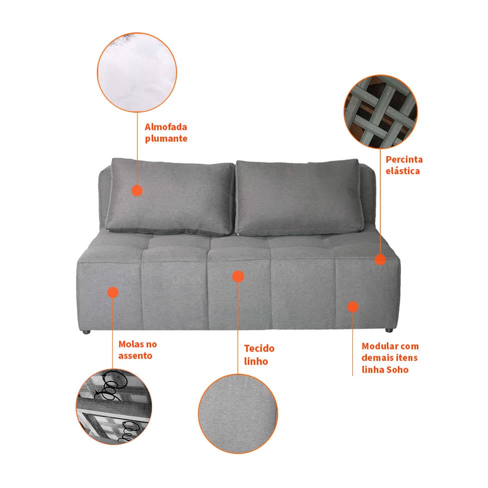 Sofá 2 Lugares Modular Soho Linho Cinza
