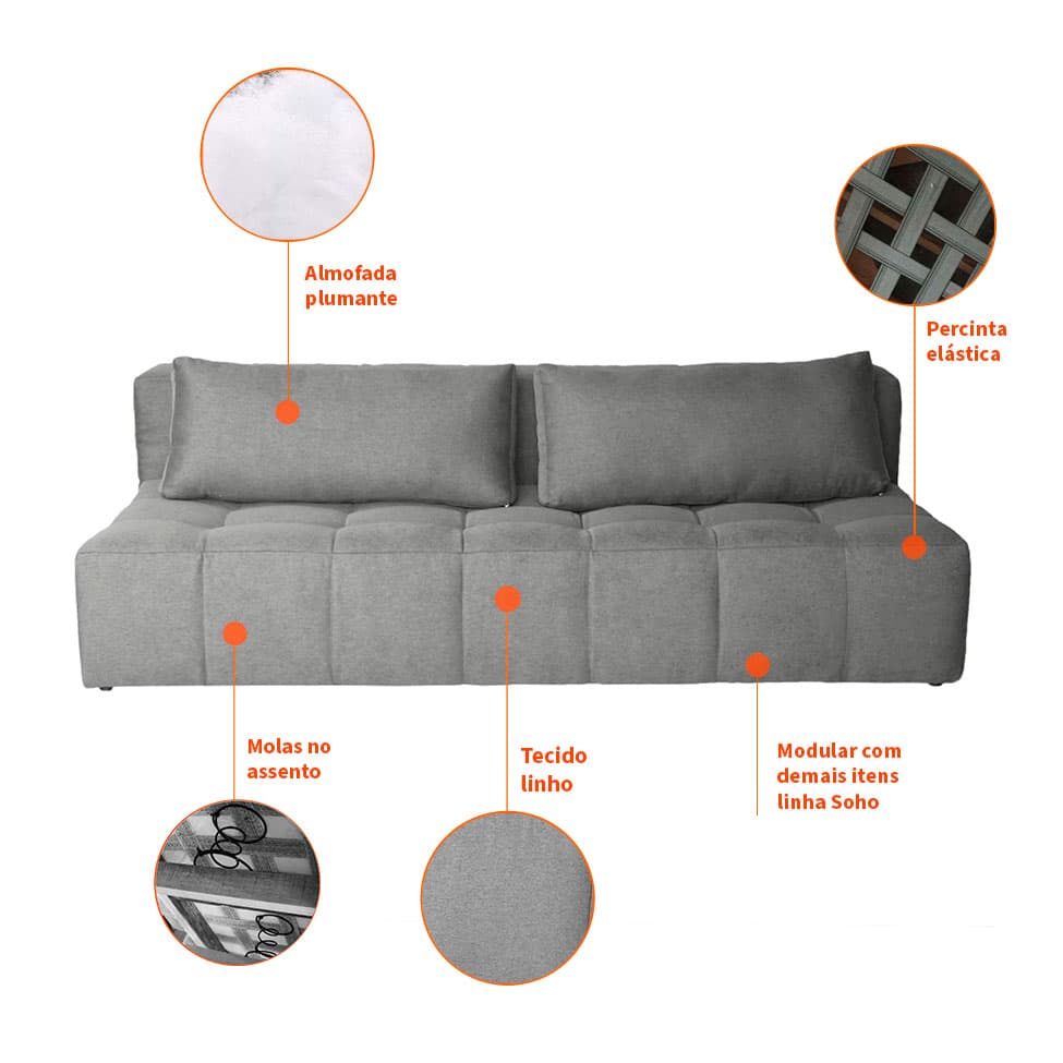 Sofá 3 Lugares Modular Soho Linho Cinza