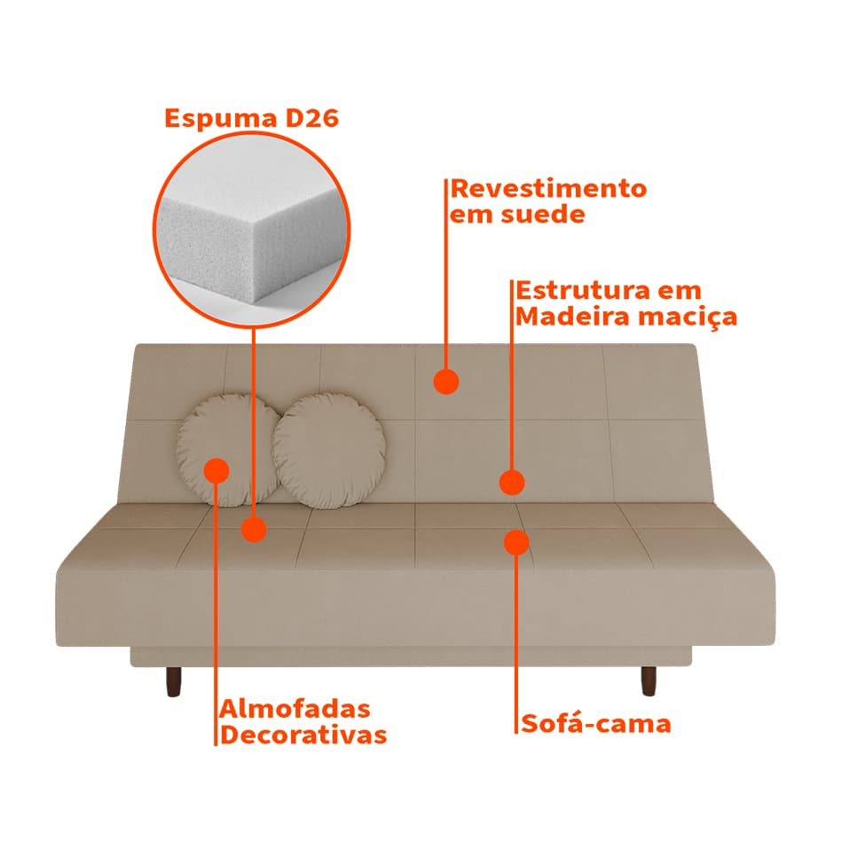 Sofá-Cama Casal 3 Lugares Jimmy Suede Bege