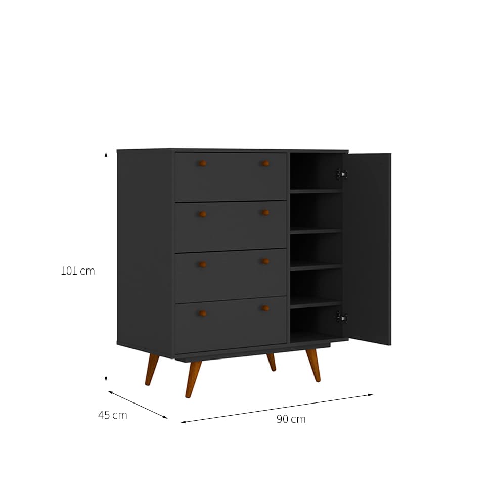 Cômoda Retrô 1 Porta 4 Gavetas Preta