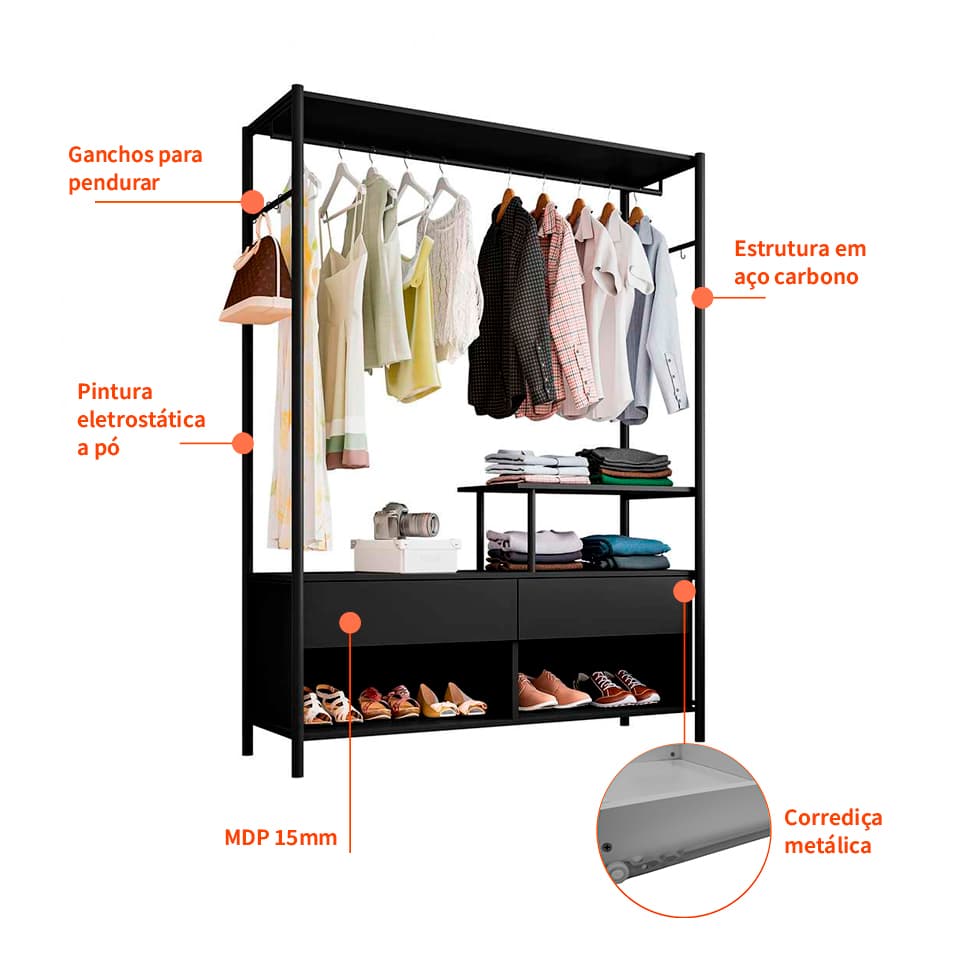 Guarda-Roupa Closet Modulado Barcelona Preto