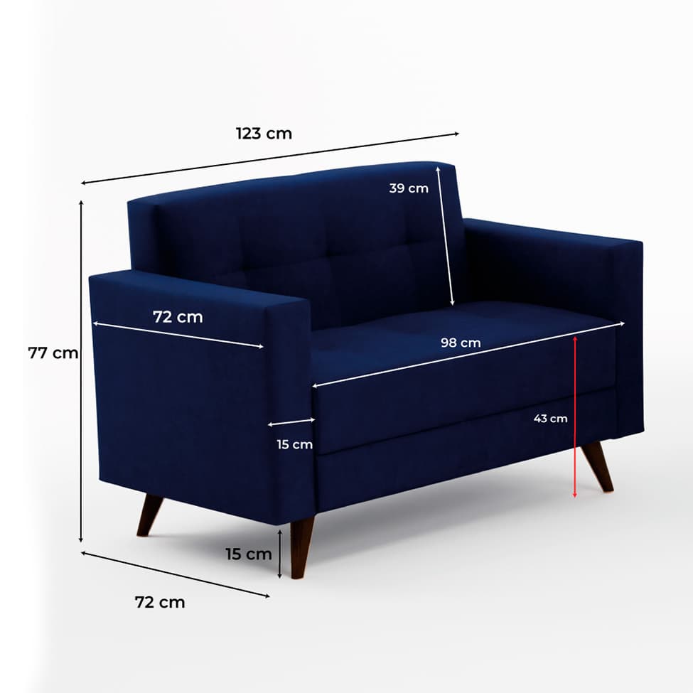 Sofá 2 Lugares Vitrola Suede Azul 123 cm