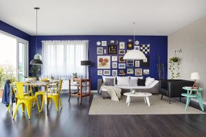 Sala de estar e jantar integradas, living, decoradas no estilo contemporâneo
