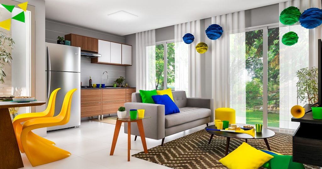 festa em casa na sala de estar decorada com verde, amarelo e azul