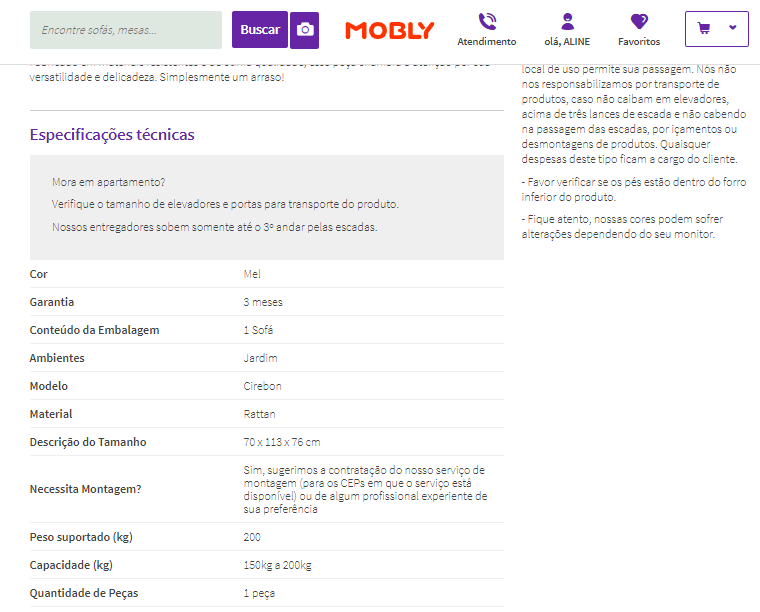 Especificações de um produto para comprar móveis pela internet