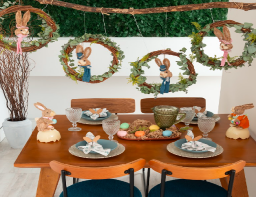 decoração de páscoa para ter um almoço em família, com mesa posta, adornos decorativos de páscoa