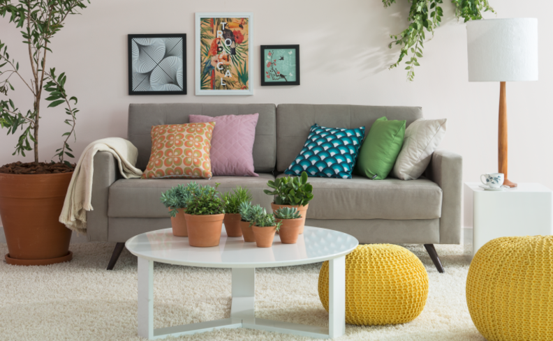 decoração sala aconchegante com sofá, diversas almofadas, puff, quadros, mesa de centro com vasos de plantas