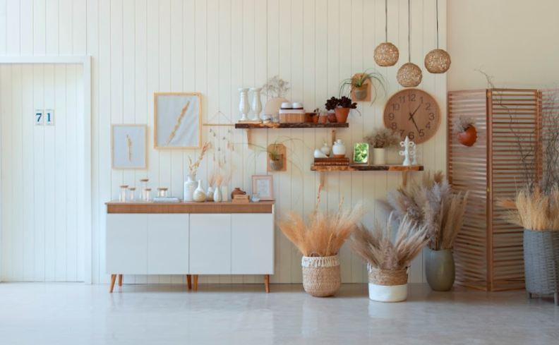 armário de cozinha simples e pequeno, além de prateleiras e itens de decoração para complementar o cômodo