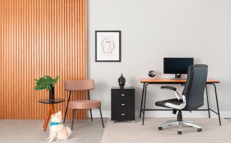 o que é decoração minimalista no escritório com escrivaninha, cadeira, tapete, poltrona e pequenos itens decorativos