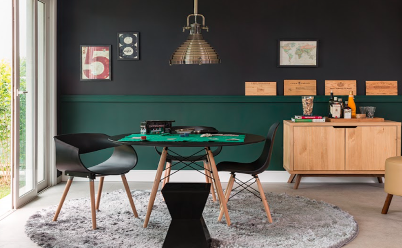 como pintar parede de duas cores na sala de jantar com parede preta e verde