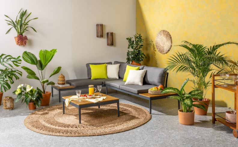 varanda aesthetic com diversas plantas, sofá fixo em cinza, almofadas coloridas, tapete redondo e outros itens decorativos.