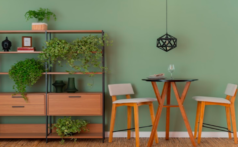 cores para varanda externa com estante, mesa e cadeiras de madeira, além de diversos vasos com plantas e parede verde.