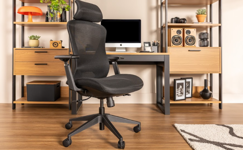 mesa com regulagem de altura elétrica em um home office com cadeira de escritório, estantes e itens de decoração como quadros, vasos com plantas e tapete.