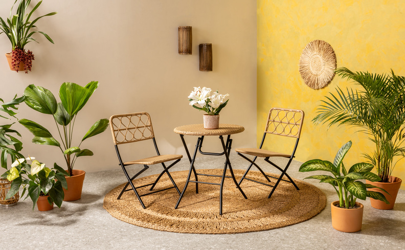cantinho do churrasco simples e barato para fazer e casa com tapete redondo, duas cadeiras, mesa e diversos vasos com plantas para decorar esse espaço.