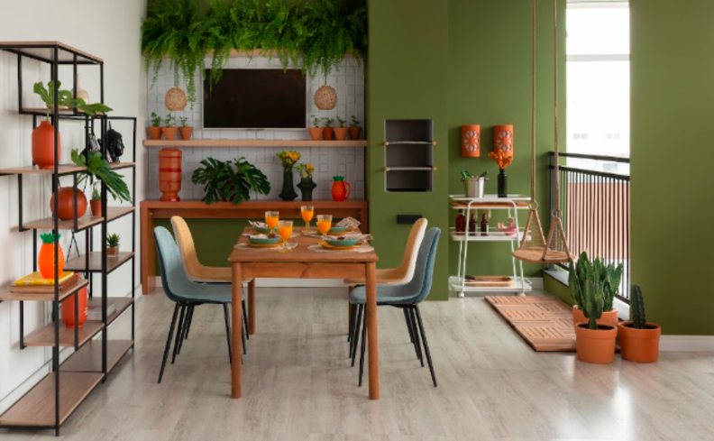 mesa extensível com 4 cadeiras na varanda gourmet, além de estante, prateleiras e churrasqueira,
